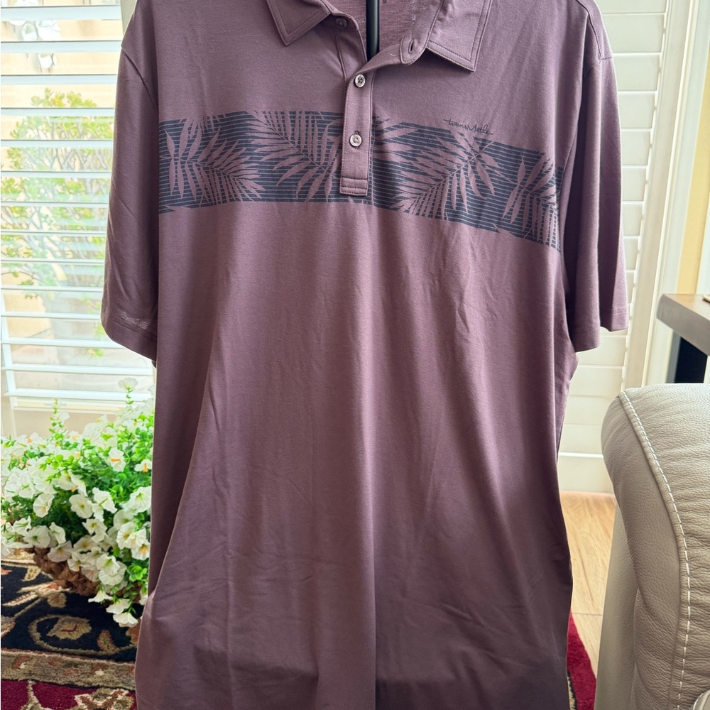 TravisMathew Mauve-Brown Polo with Black Tropical Stripe